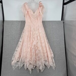 Vintage TD4 Eletra‎ Lace Dress Womens 11/12 Pink Handkerchief Hem Coquette Boho